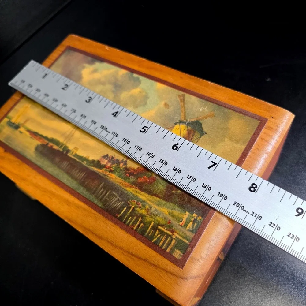 Cedar Wood Trinket Box Small Brown Dutch Windmill Vintage Decor Cottagecore Art